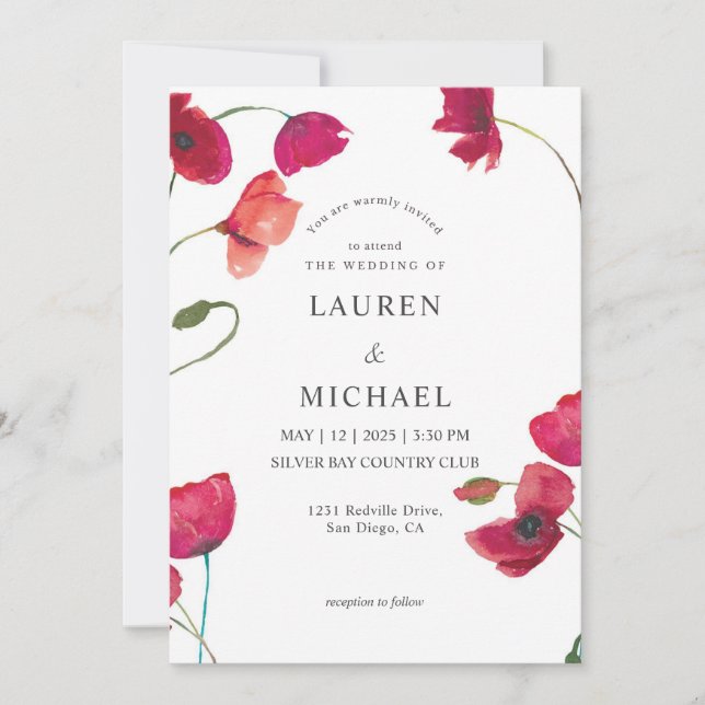 Custom White Pink Red Rose poppies Wedding Invitation (Front)