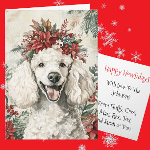 Custom White Poodle Christmas Floral Crown Holiday Card