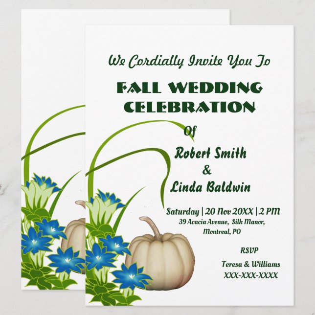 Custom White Pumpkin Fall Floral Green  Invitation (Front/Back)