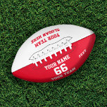 Custom white red Football with Name, Number, Team<br><div class="desc">Create your own custom white red Football with Name, Number, Team Name, Slogan and Year. Personalize this simple classic football template with your custom message, name, team name and year. Easily personalize it for a cool sport keepsake. Create your unique personalized gift for coach, boy's birthday, football player, teammates and...</div>