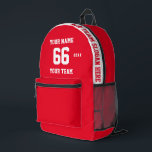 Custom white red Name, Number, Team Sport Printed Backpack<br><div class="desc">Create your own custom white red Sport Football Style Printed Backpack with Name, Number, Team Name, Slogan and Year. Personalize this simple classic Printed Backpack template with your custom message, name, team name and year. Easily personalize it for a cool sport keepsake. Create your unique personalized gift for coach, boy's...</div>