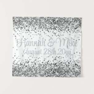 Custom White & Silver Glitter Wedding Photo Booth Tapestry