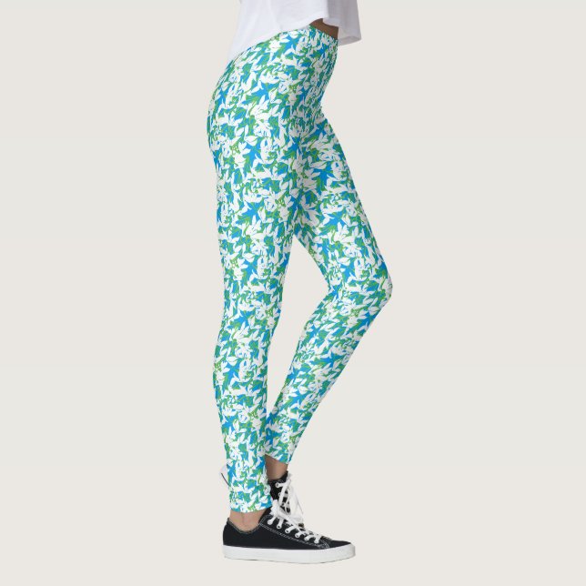 Custom White Snowdrops on Soft Blue Floral Pattern Leggings (Right)