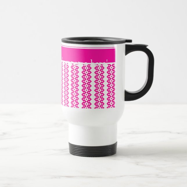 Custom White Travel Mug, Candy Pink Geometric Mug (Right)