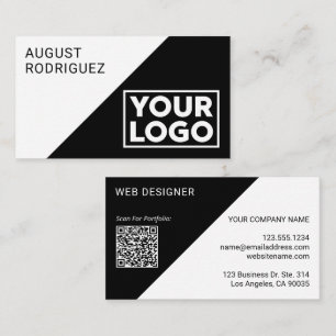 Custom Wide Logo QR Code Black White Geometric Business Card