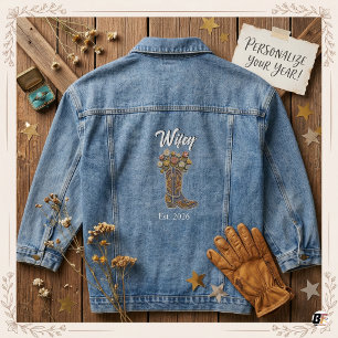 Custom Wifey Floral Cowgirl Boot Western Bridal Denim Jacket