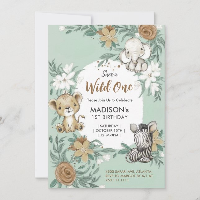 Custom Wild One Green White Jungle Animals theme Invitation (Front)
