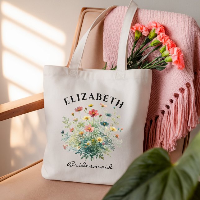 Custom Wildflower Bridesmaid Bag for Maid of Honor (bridesmaid tote bag, bridesmaid gift, watercolor floral tote, wildflower bridesmaid proposal bags,)