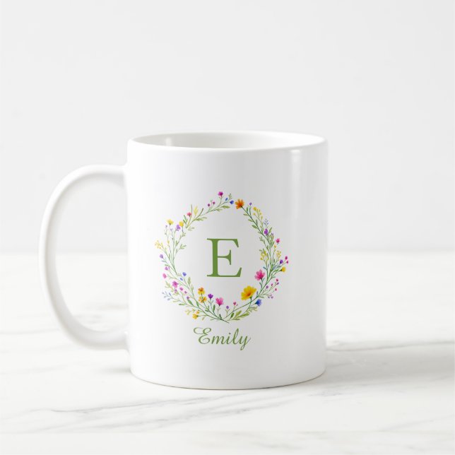 Custom Wildflower Wreath Monogram  Name Coffee Mug (Left)