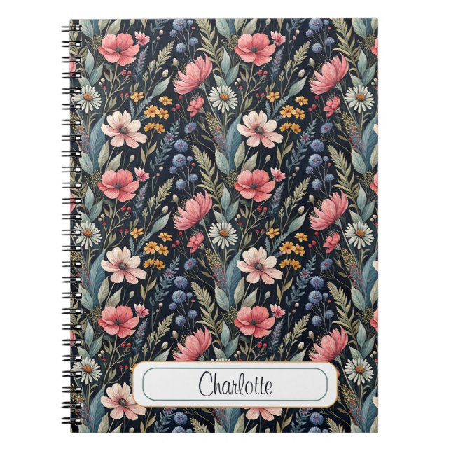 Custom Wildflowers Botanical Inspiration Black Notebook (Front)