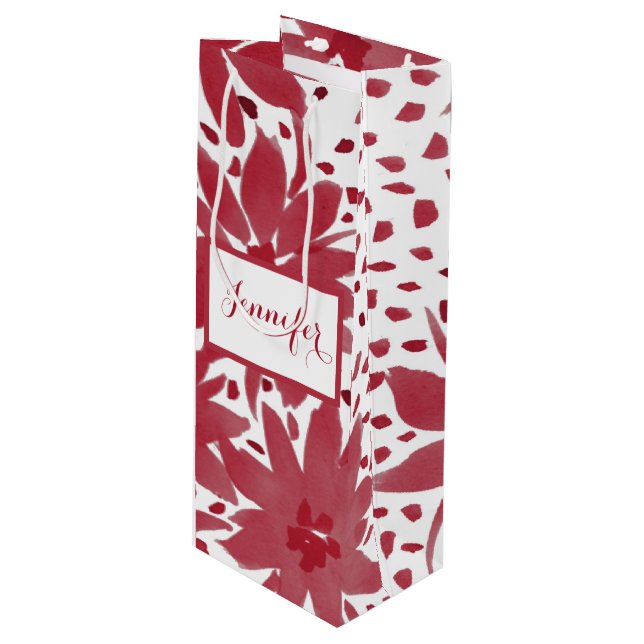 Custom Wine Floral Design Ruby Red Gift Bag (Front Angled)