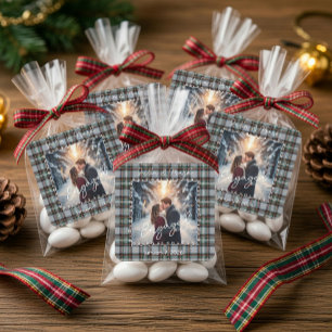 Custom Winter Engagement Photo Tartan Square Sticker