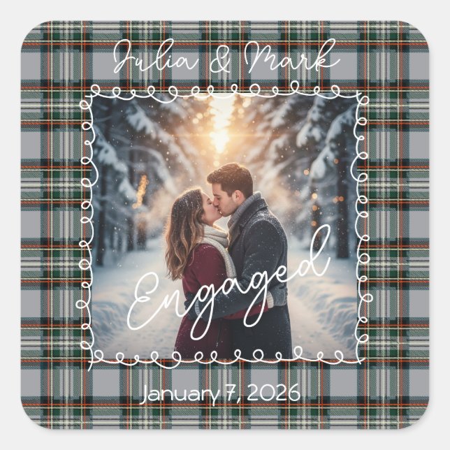 Custom Winter Engagement Photo Tartan  Square Sticker (Front)