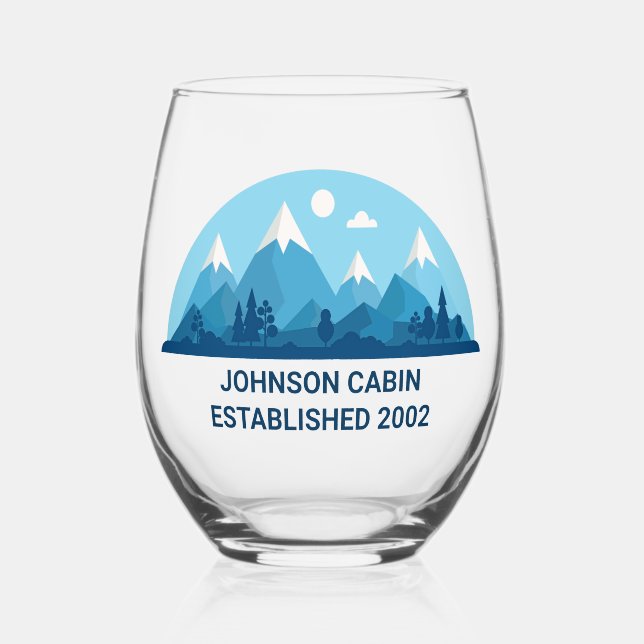 Custom Winter Family Cabin Blue Snowy Mountain Stemless Wine Glass (Front)