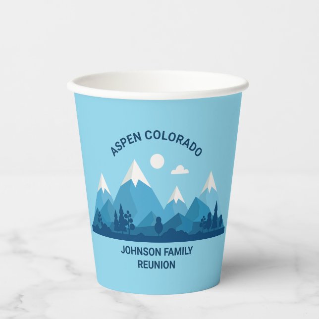 Custom Winter Family Reunion Party Blue Mountain Paper Cups (Front)