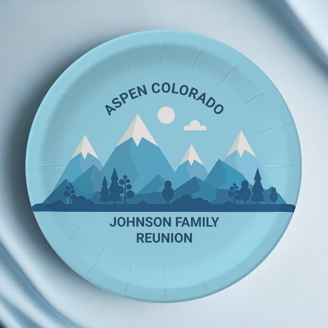 Custom Winter Family Reunion Party Blue Mountain Paper Plate (Creator Uploaded)