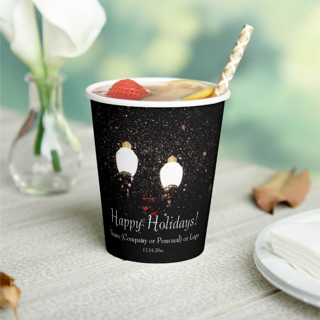 Custom Winter Holidays Black White Gold Snow Party Paper Cups (Insitu)