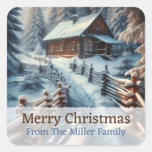 Custom Winter Log Cabin on a Snowy Day Christmas Square Sticker