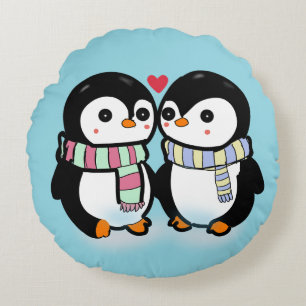 Custom Winter Penguin Love Round Pillow