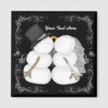 Custom Winter Wedding Snowman Bride and Groom Magnet<br><div class="desc">This personalized magnet for winter weddings features a black background with silver swirls and a kissing snowman bride and groom. You can add any names or message you choose!</div>