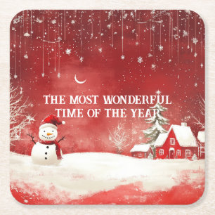 Custom Winter Wonderland Scene Christmas Snowman Square Paper Coaster