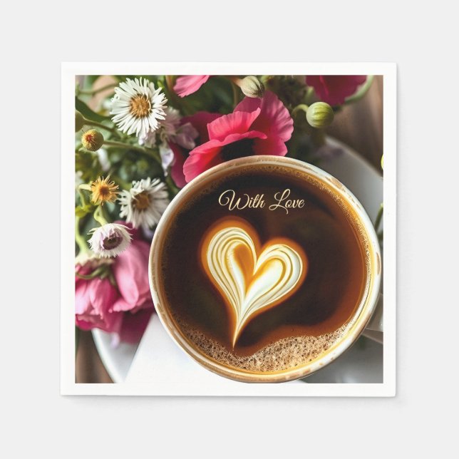 Custom "With Love"  Cup of Coffee & Red Poppies  Napkin (Front)