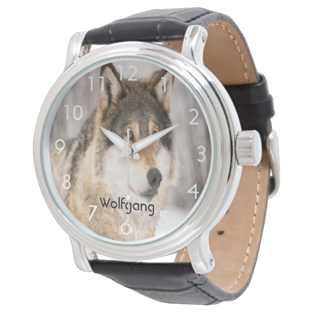 Custom wolf face head in a winter forest add name watch (Angled)