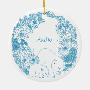 Custom Wombat Christmas Light Blue Ceramic Ornament