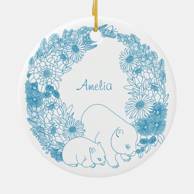 Custom Wombat Christmas Light Blue Ceramic Ornament (Back)