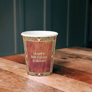 Custom Wood Brown Rustic & Manly Happy Birthday Paper Cups