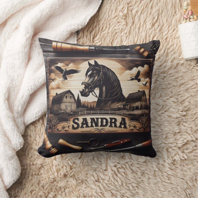 Custom Wood Engraving of Horse and Barns Throw Pillow (Blanket)