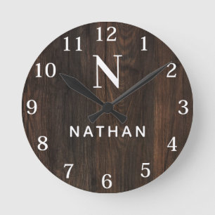 Custom Wood Texture Name  Monogram Round Clock