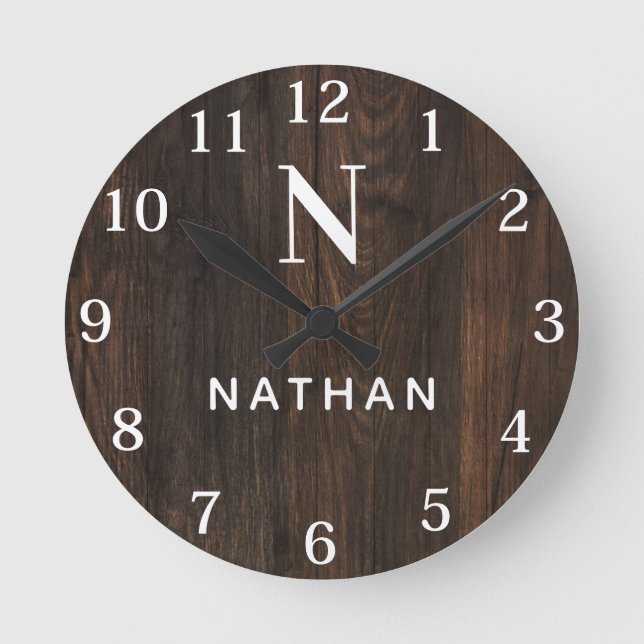 Custom Wood Texture Name  Monogram Round Clock (Front)