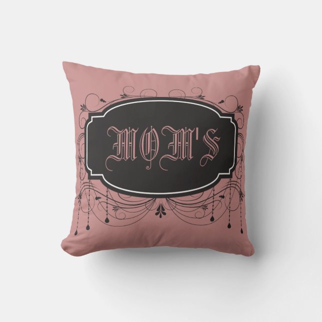 Custom Wording Pink & Black Filigree Label Pillow (Front)