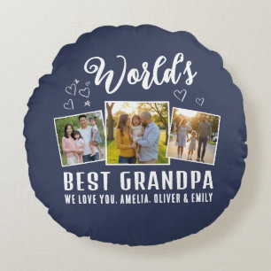 Custom World's Best Grandpa 3 Photo Round Pillow