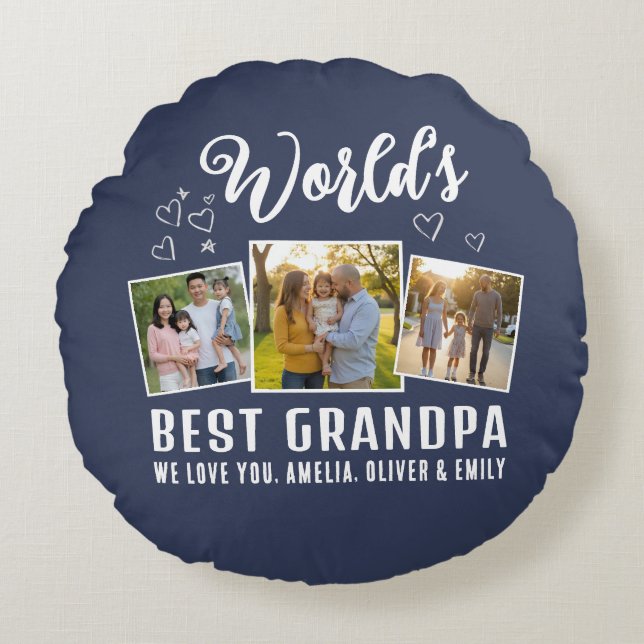 Custom World's Best Grandpa 3 Photo  Round Pillow (Front)