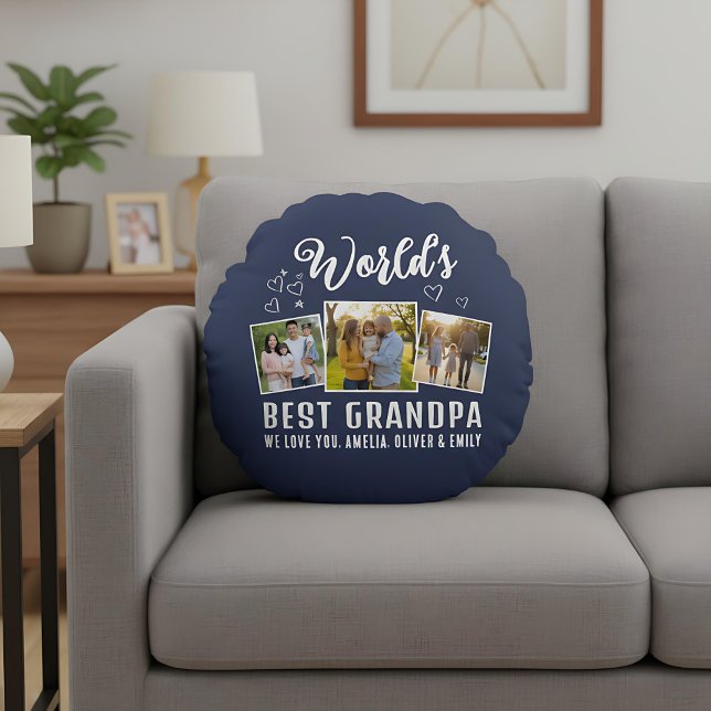 Custom World's Best Grandpa 3 Photo  Round Pillow (Creator Uploaded)