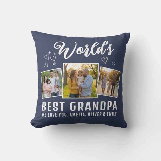 Custom World's Best Grandpa 3 Photo  Throw Pillow (Front)