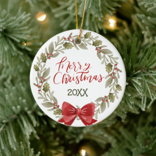 Custom Wreath Red Bow Christmas Ceramic Ornament
