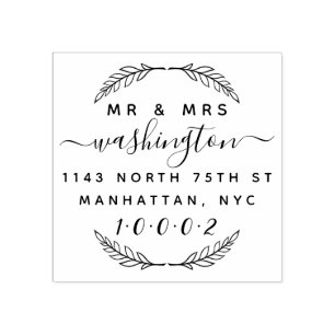 Custom Wreath & Script Mr & Mrs Return Address Rubber Stamp