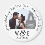 Custom Written Text Fridge Magnet Wedding Favours<br><div class="desc">Custom printed, personalized DELICATE HANDWRITING HANDWRITTEN font template ROUND Photo Fridge Magnet wedding favours. Template personalised on front of photo fridge magnet, available in 3 sizes: 1.25", 2.25" and 3" diameter. UPPER TEXT - main wedding statement. Replace IMAGE with your wedding couple, engagement, wedding photo. LOWER TEXT - The monogram...</div>