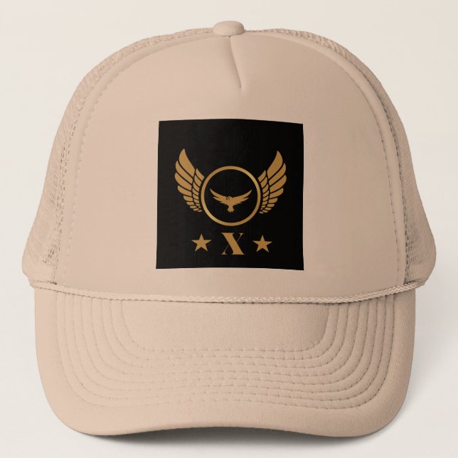 Custom X Initial Printed Stylish Gold Eagle Wings  Trucker Hat (Front)