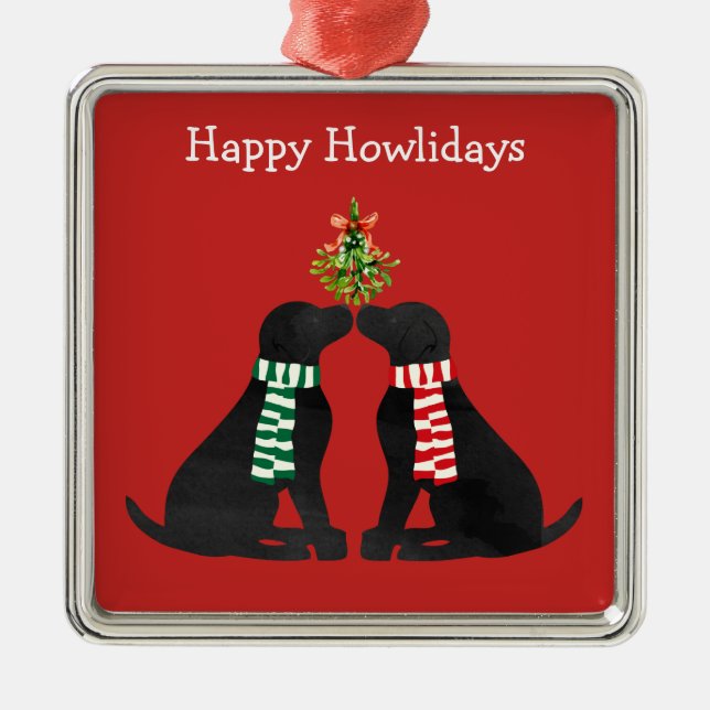 Custom Xmas Black Labs Kissing Mistletoe Metal Ornament (Front)