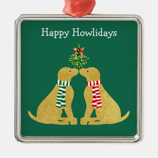 Custom Xmas Golden Retrievers Kissing Mistletoe Metal Ornament (Front)