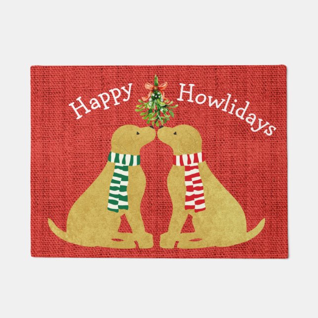 Custom Xmas Golden Retrievers Mistletoe Red Burlap Doormat (Front)