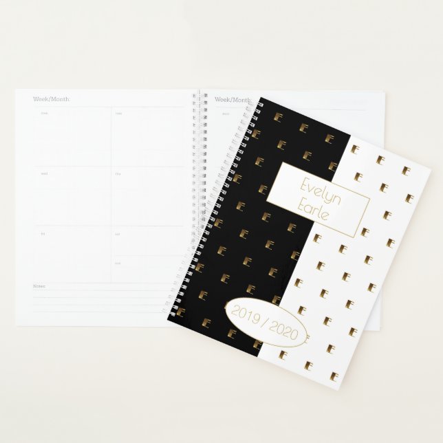 Custom Year 2019 2020 Black White Gold Monogram E Planner (Display)