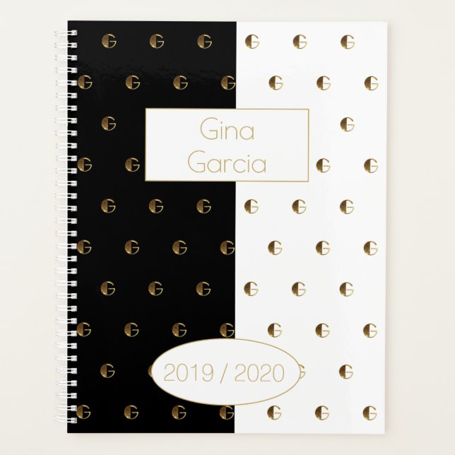 Custom Year 2019 2020 Black White Gold Monogram G Planner (Front)