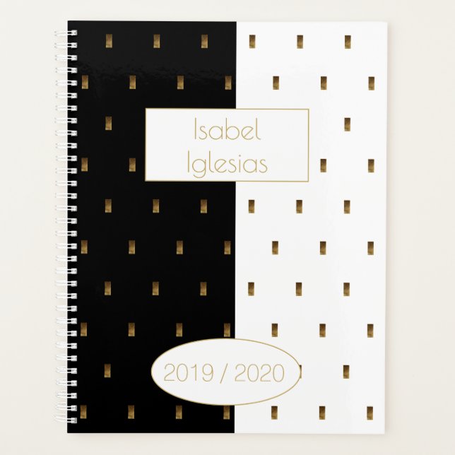 Custom Year 2019 2020 Black White Gold Monogram I Planner (Front)
