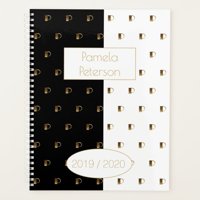 Custom Year 2019 2020 Black White Gold Monogram P Planner (Front)