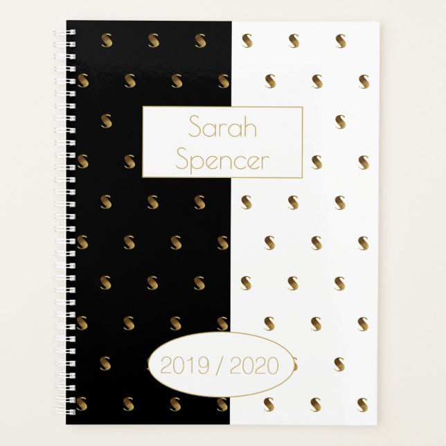 Custom Year 2019 2020 Black White Gold Monogram S Planner (Front)